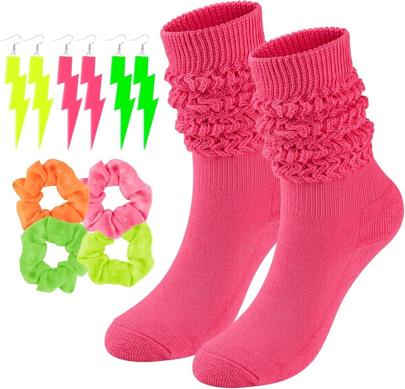 TRIITECH Store Neon Slouch Socks for Women, 80s 90s Scrunch Knee High Socks with Neon Earrings and Scrunchies for 80s 90s Party - Image 1